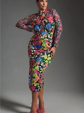 Anthropologie Mesh Halter Floral Long-Sleeve Dress